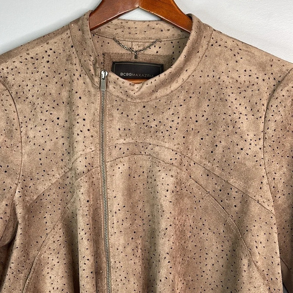 BCBGMAXAZRIA Perforated Faux Suede Crop Jacket Mocha Draped Front 3/4 Sleeves L - Picture 3 of 13